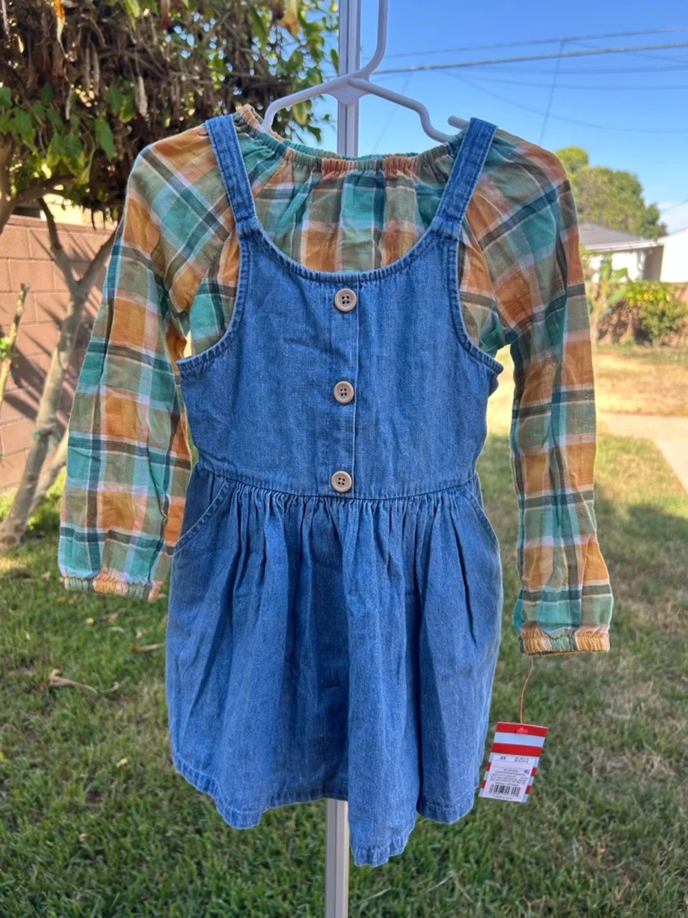 Cat & Jack Blue Denim Pinafore with Green & Orange Plaid Top